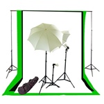 Photo Studio Umbrella Continous Triple Lighting Kit, Background Support, and Black White Chromakey Green 3 Muslin Backdrops, NEWCB_BWG_TRIPLEKIT